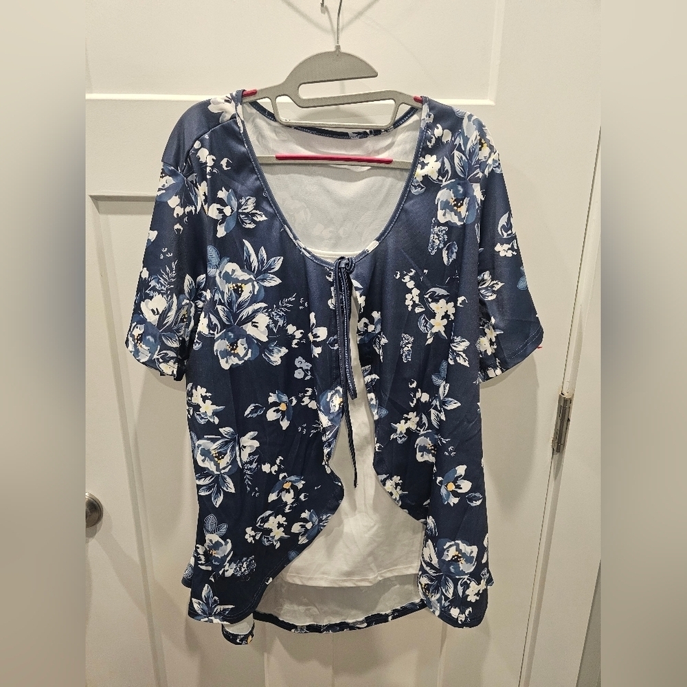 Plus Size 3XL Navy Floral Layered Look Short Sleeve Tie Front Blouse Top